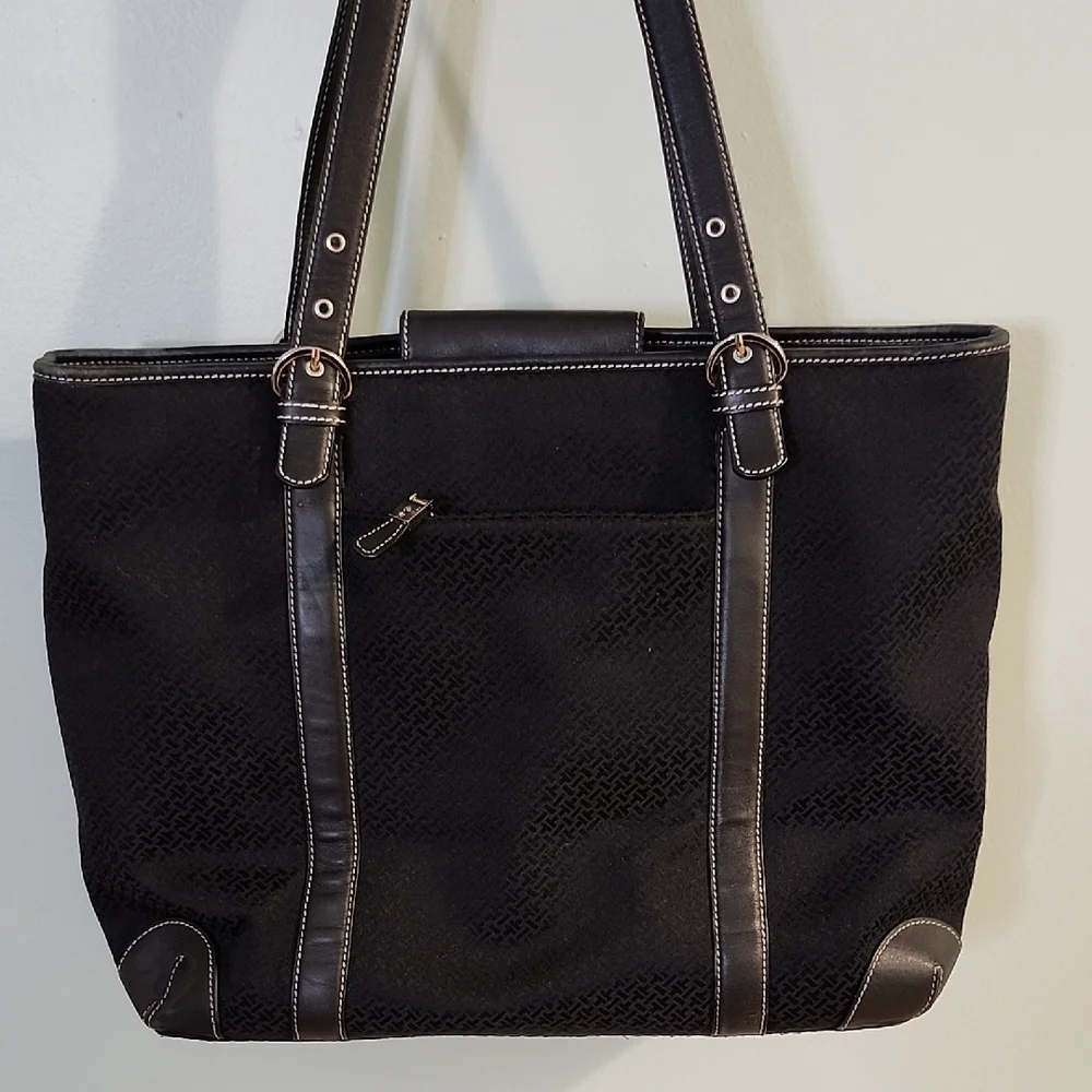Talbots Laptop Travel Multi-Pocket Bag Black Leather Textile